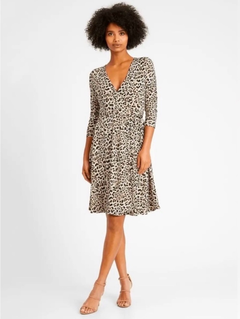 Banana Republic Leopard Print V-Neck Long Sleeve Dress in Beige and Black
